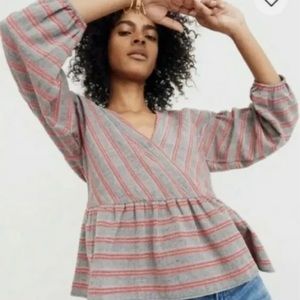 Madewell Womens Faux Wrap Peplum Top Gray Stripe Bubble Sleeve. Size: XXS